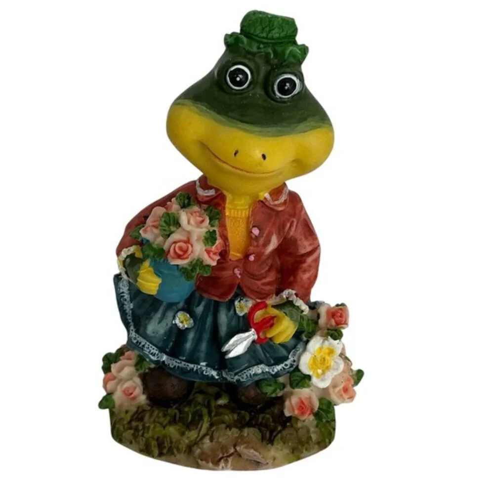 Vintage Frog Figurines Gardening Theme 4”-5” Intricate Carving 2 PC Collectible